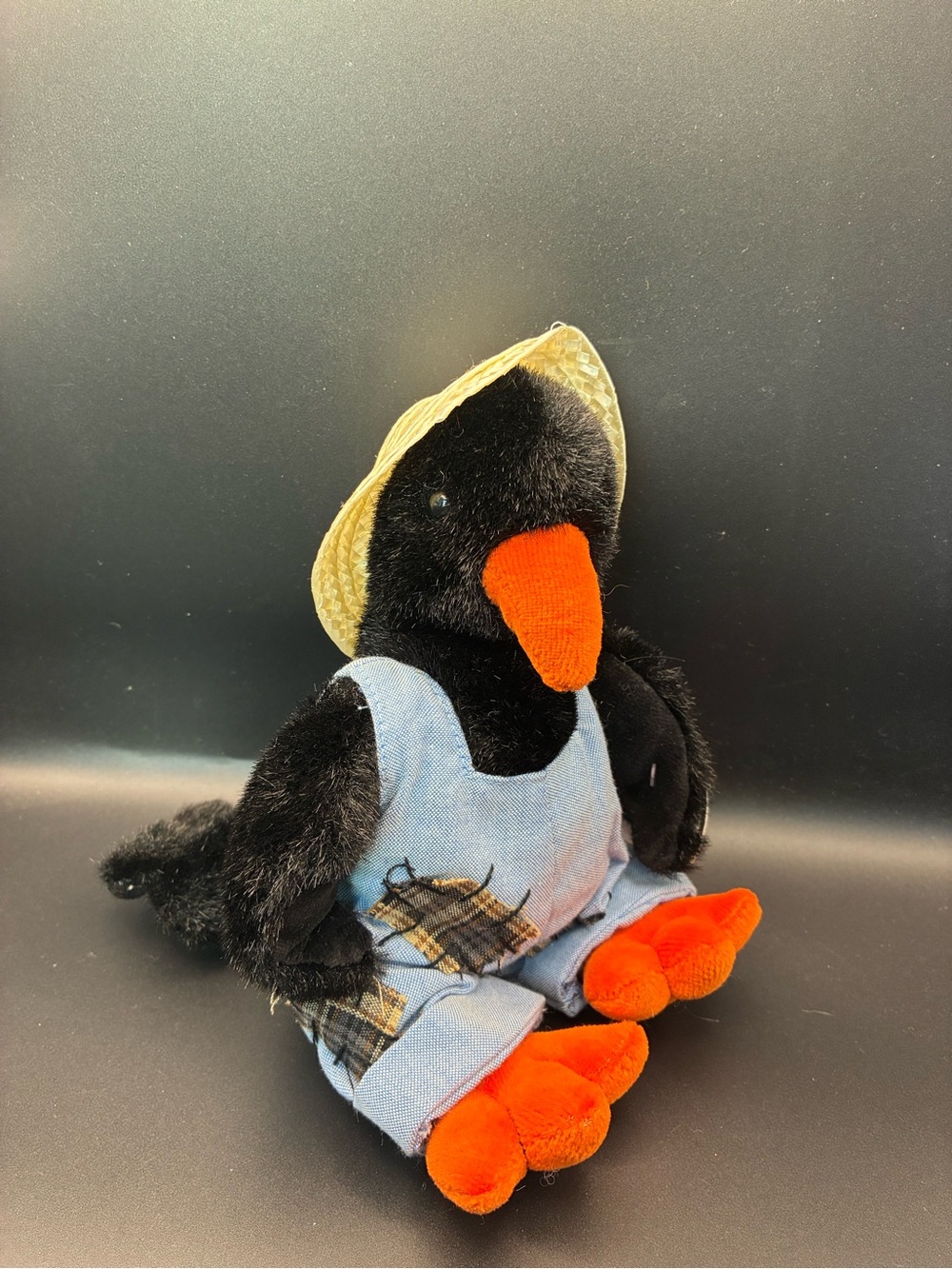 Ty Black Cawley  Plush with Orange Beak & Feet in Denim Overalls